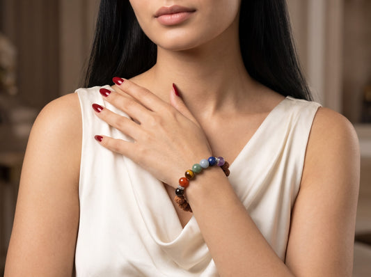Sacred Harmony – Rudraksha & Seven Chakra Bracelet for Women