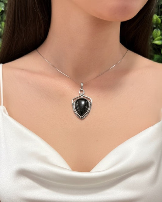 black obsidian teardrop pendant necklace on model