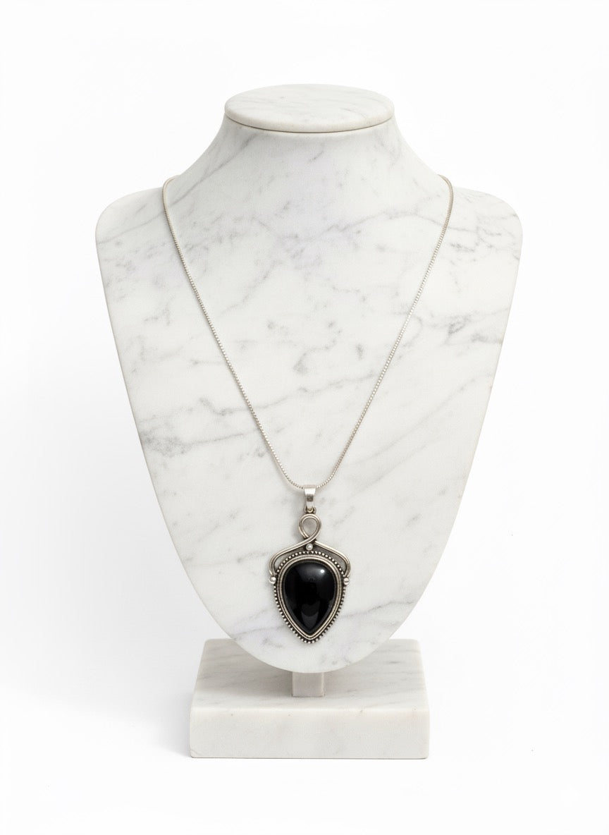 minimal silver plated obsidian pendant