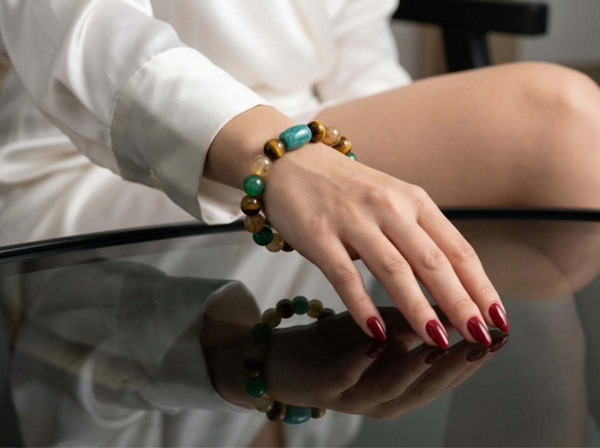 Peacock Agate, Tiger Eye & Green Onyx Crystal Bracelet for Women