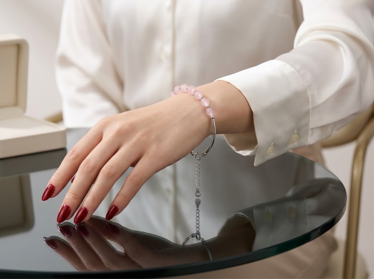 Rosé Serenity – Rose Quartz Crystal Bracelet for Women in Silver Finish