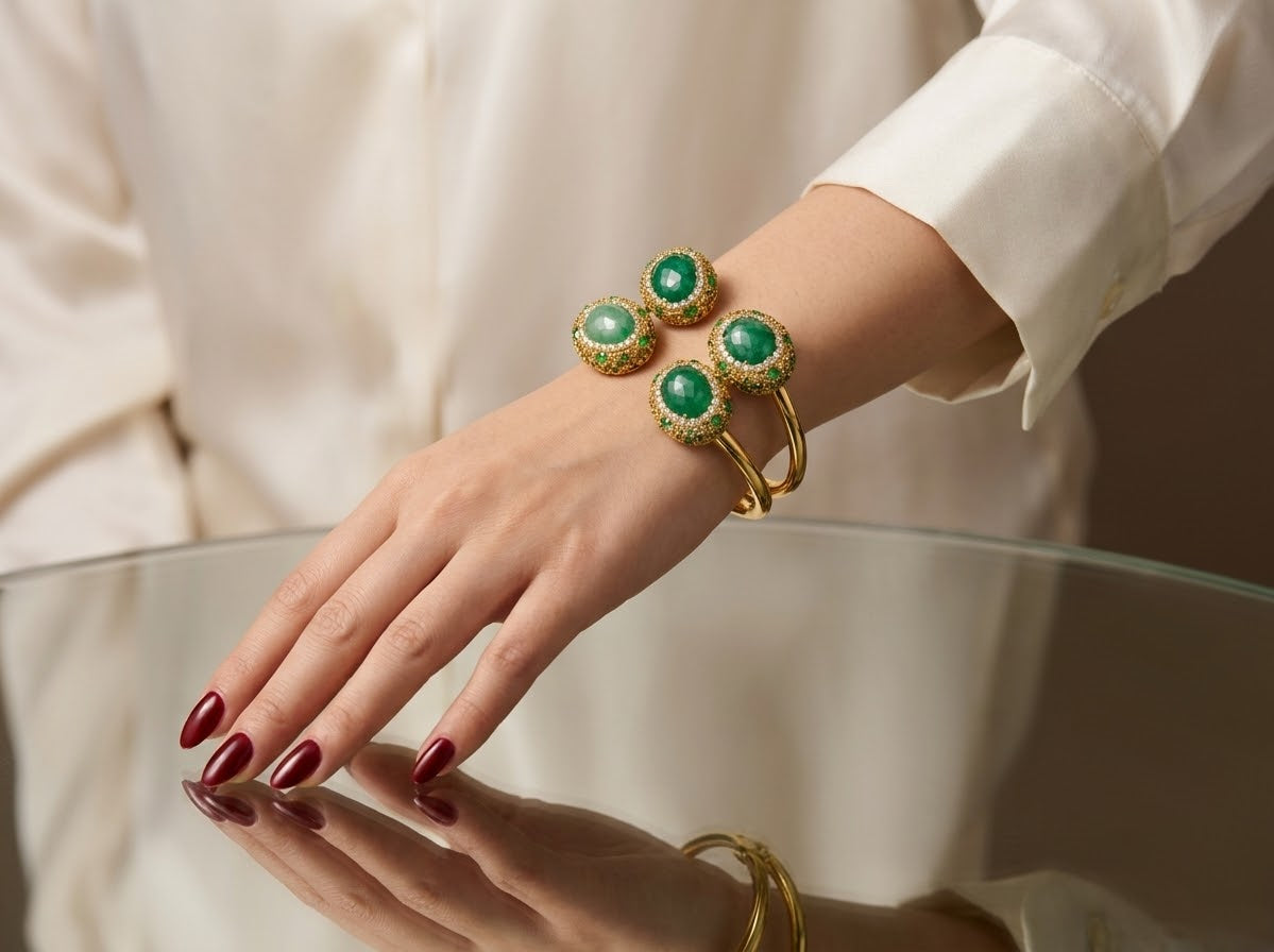 Verdant Majesty – Green Aventurine Gold-Plated Cuff Bracelet for Women