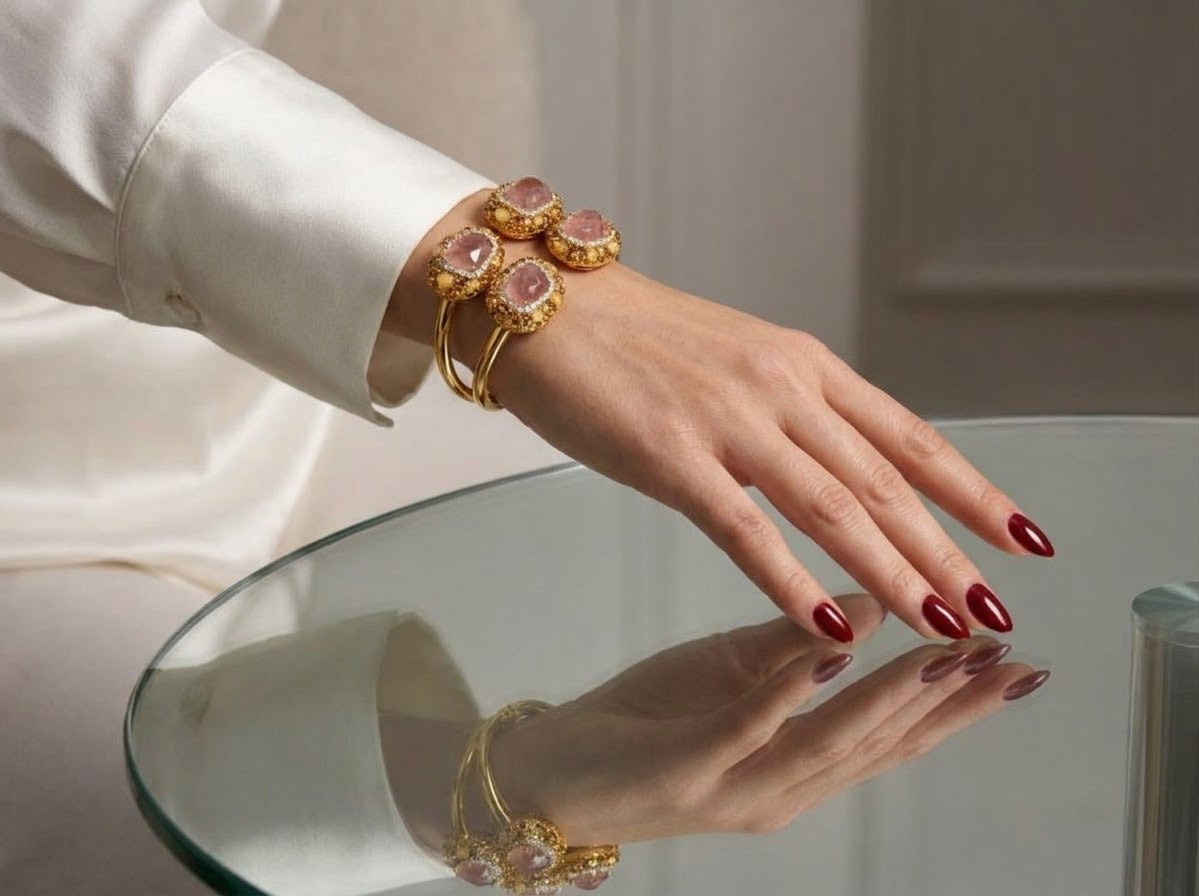 Rosewood Radiance – Rhodonite Gold-Plated Statement Bracelet for Women