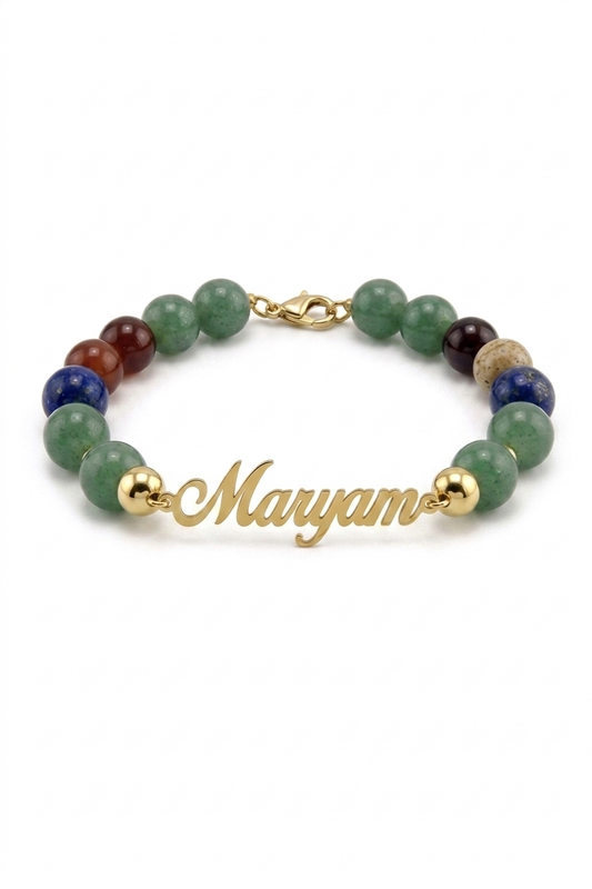 Bracelet with multicolored beads and gold name charm on a white background