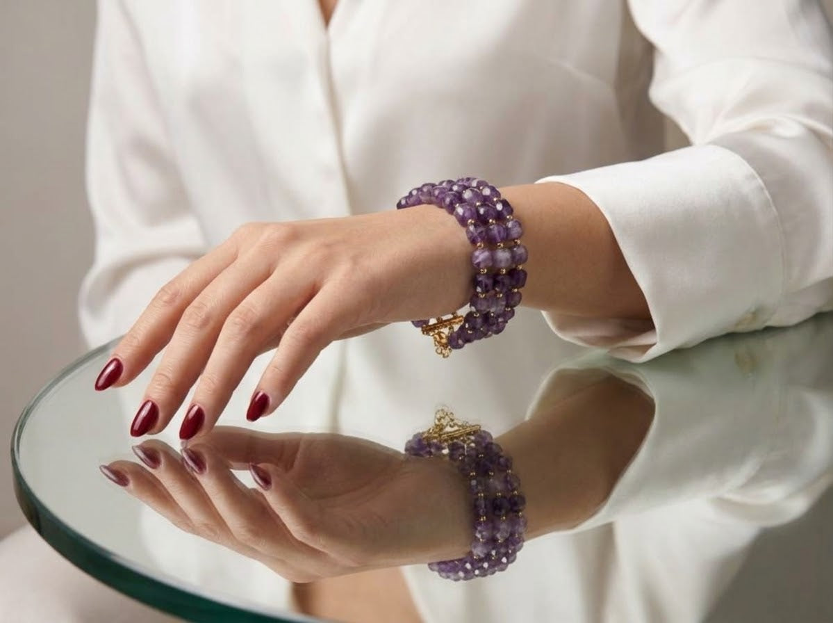 Amethyst Twilight – Multi-Strand Crystal Bracelet with Gold-Plated Accents