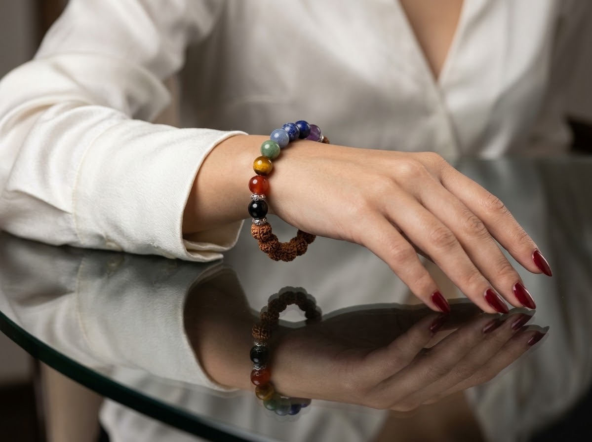 Sacred Harmony – Rudraksha & Seven Chakra Bracelet for Women