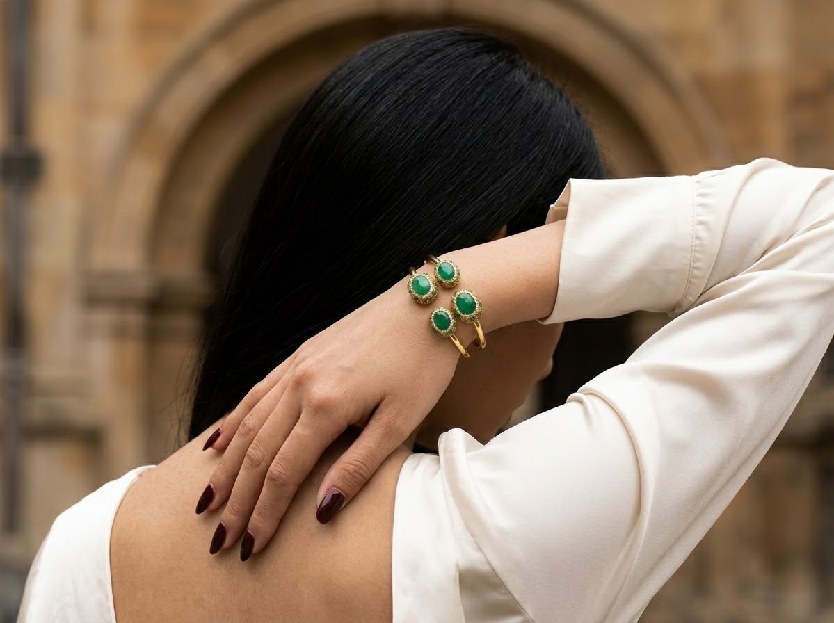 Verdant Majesty – Green Aventurine Gold-Plated Cuff Bracelet for Women