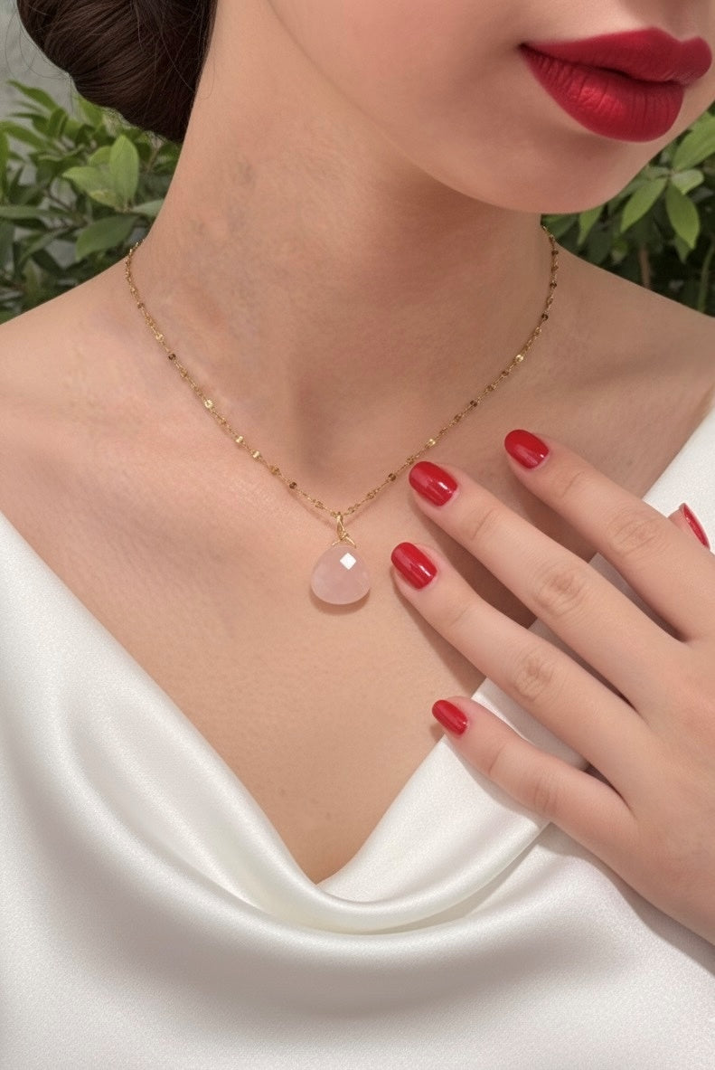 gold plated rose quartz necklace close up