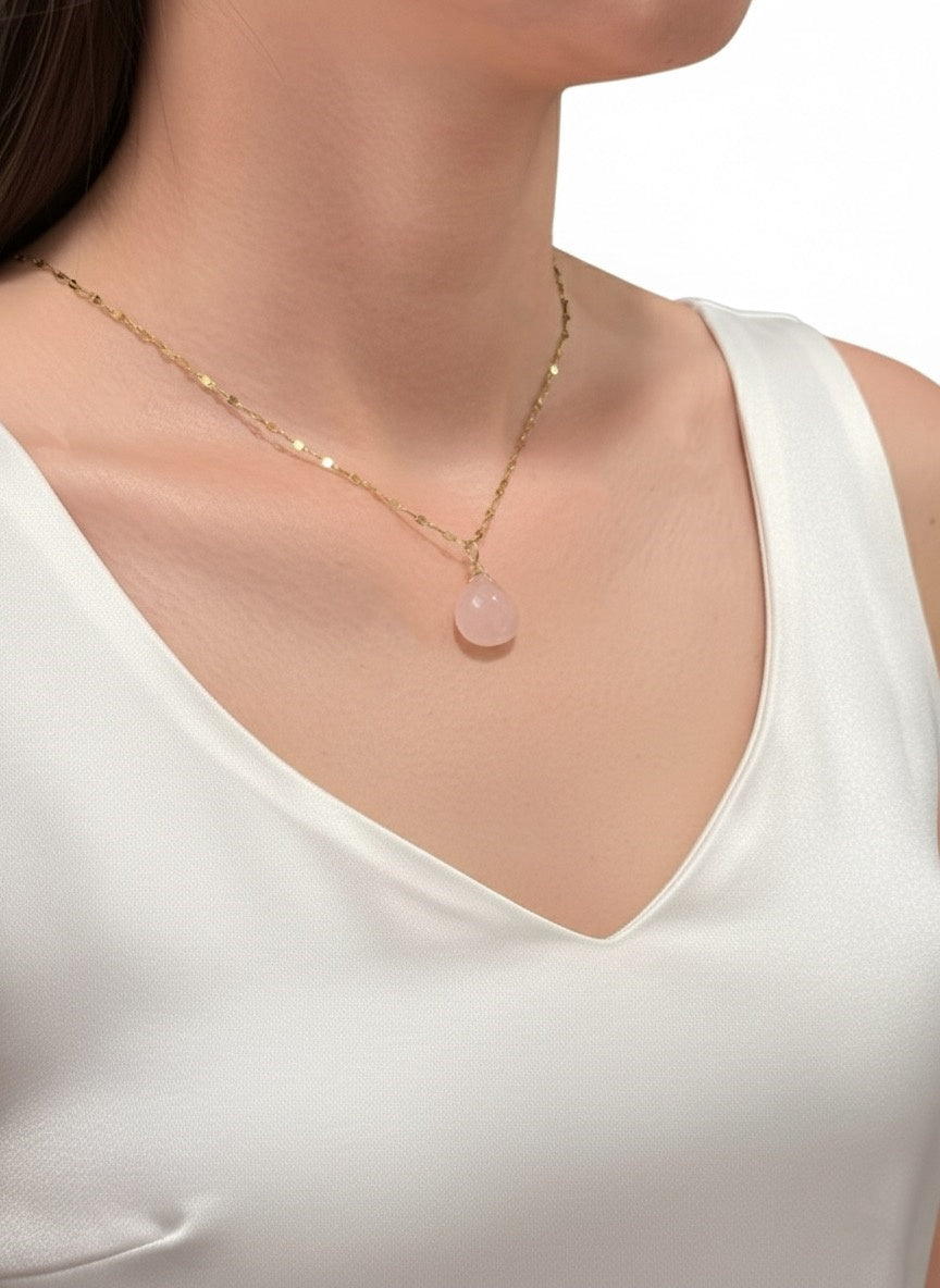 natural rose quartz pendant on neckline