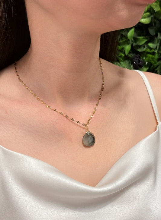 labradorite teardrop necklace on model