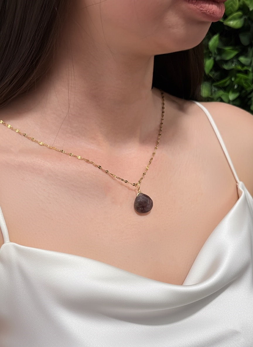 amethyst teardrop necklace on model