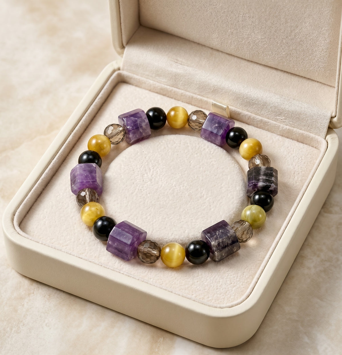 Midnight Sovereign – Amethyst, Yellow Tiger Eye, Black Obsidian & Smoky Quartz 925 Sterling Silver Bracelet for Men