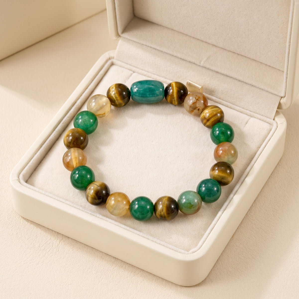 Verdant Monarch – Peacock Agate, Tiger Eye & Green Onyx 925 Sterling Silver Bracelet for Men