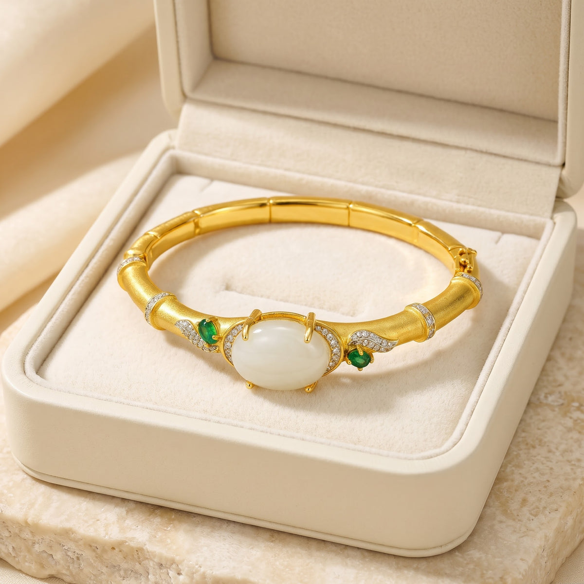Celestial Jade – Moonstone & Jade Gold-Finish Cuff Bracelet for Women