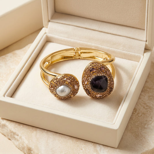 Midnight Elegance Amethyst & Pearl Gold-Plated Bangle for Women