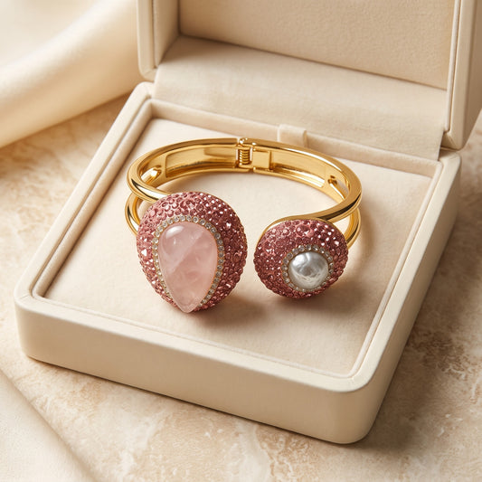 Rosé Lumière – Rose Quartz & Pearl Gold-Plated Bangle for Women