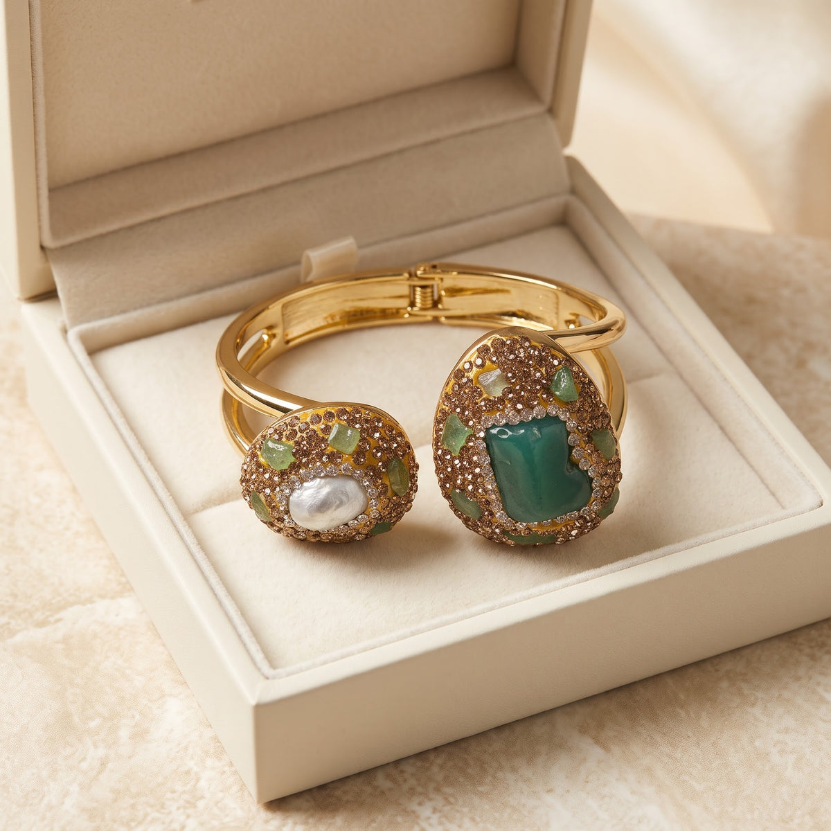 Verdant Pearl – Green Aventurine & Pearl Gold-Plated Bangle for Women