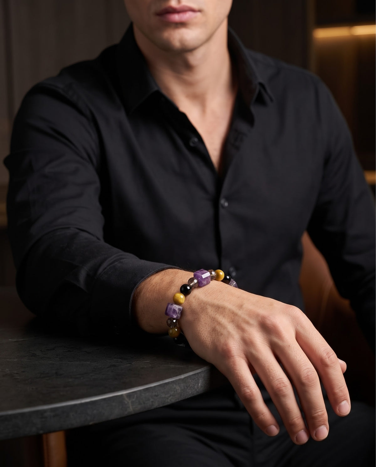 Midnight Sovereign – Amethyst, Yellow Tiger Eye, Black Obsidian & Smoky Quartz 925 Sterling Silver Bracelet for Men