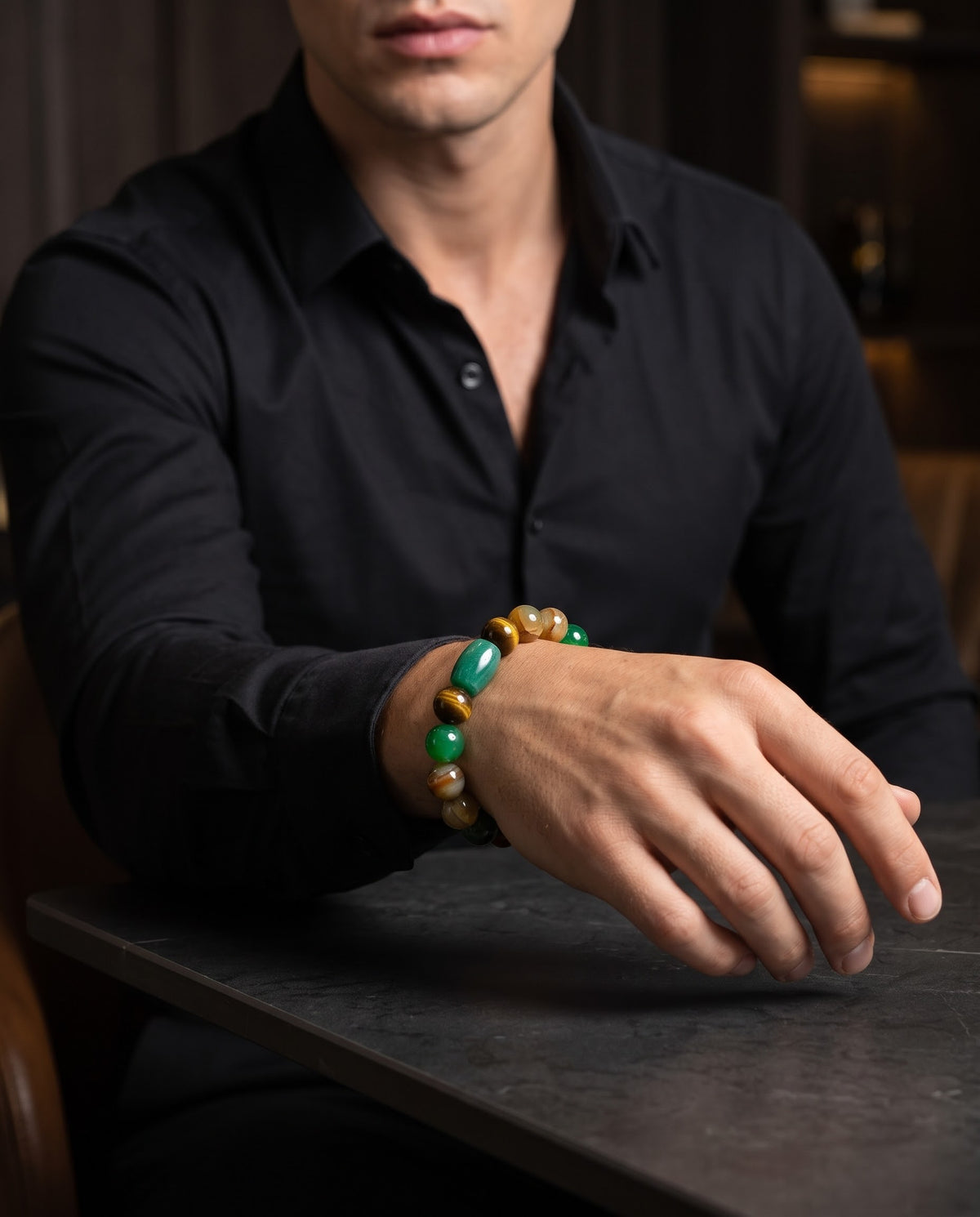 Verdant Monarch – Peacock Agate, Tiger Eye & Green Onyx 925 Sterling Silver Bracelet for Men