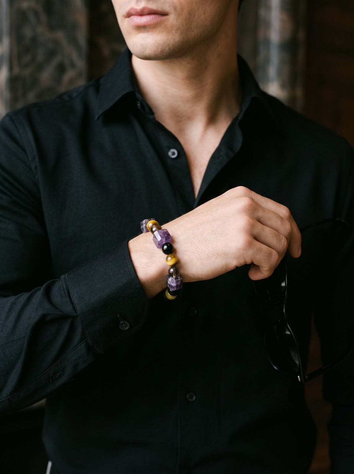 Midnight Sovereign – Amethyst, Yellow Tiger Eye, Black Obsidian & Smoky Quartz 925 Sterling Silver Bracelet for Men