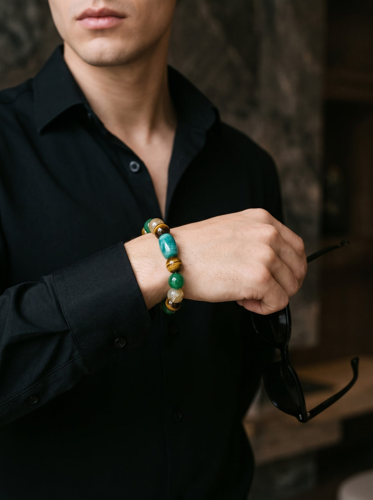 Verdant Monarch – Peacock Agate, Tiger Eye & Green Onyx 925 Sterling Silver Bracelet for Men