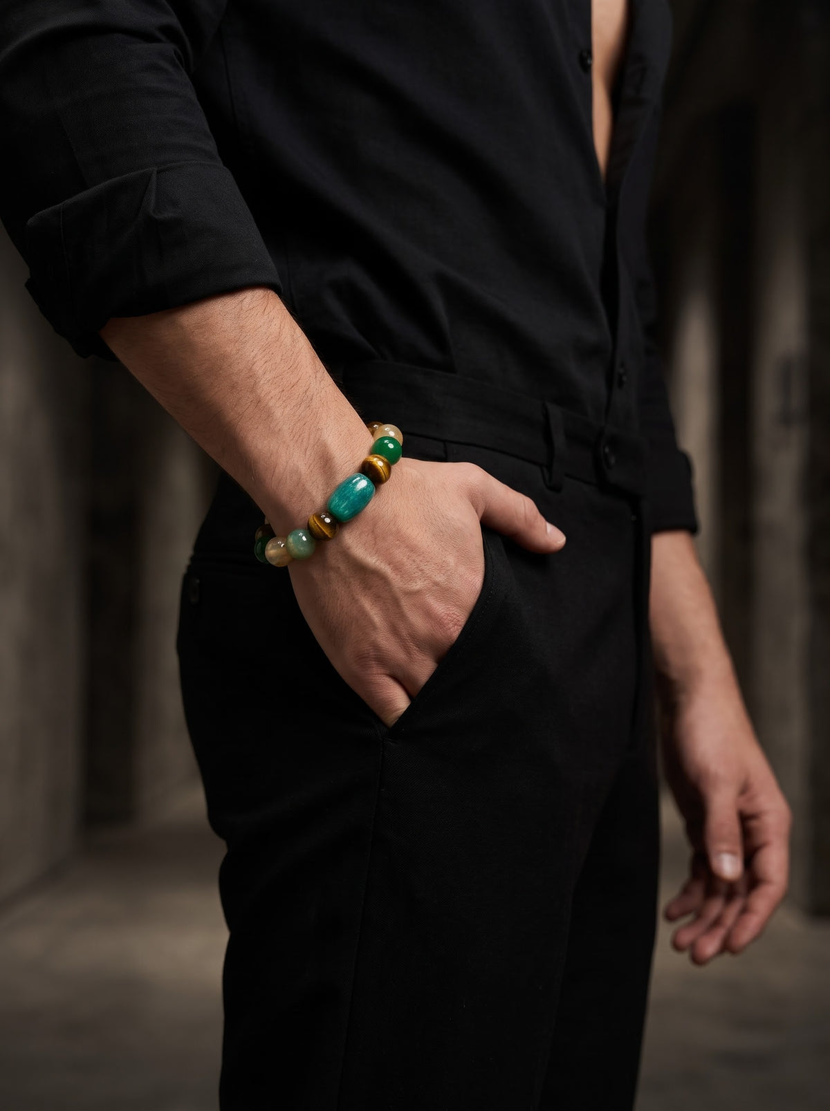Verdant Monarch – Peacock Agate, Tiger Eye & Green Onyx 925 Sterling Silver Bracelet for Men