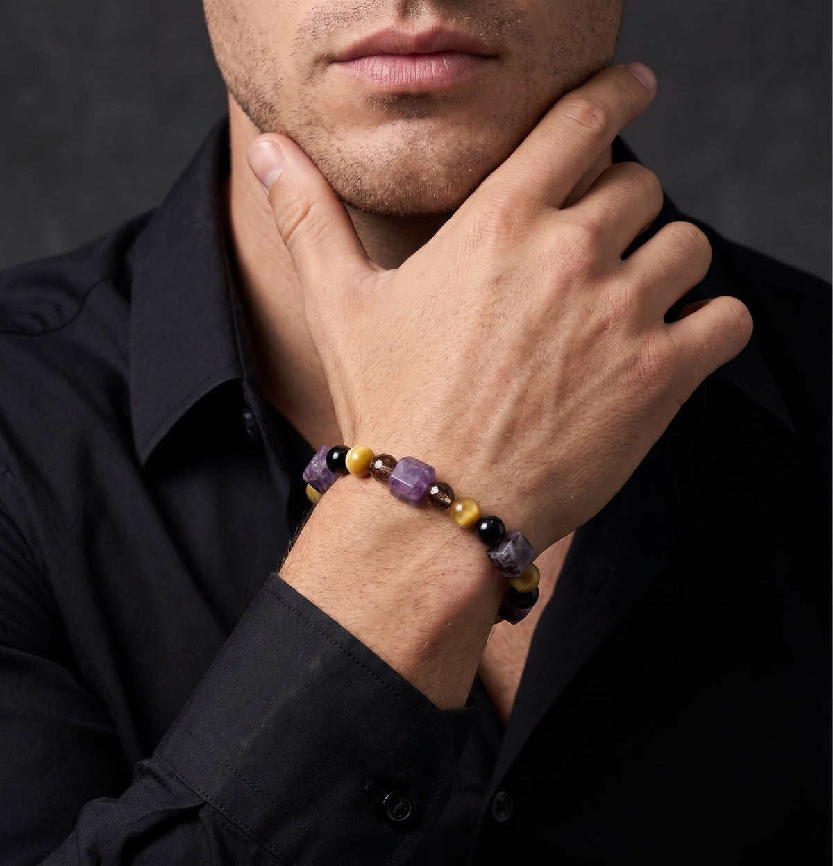 Midnight Sovereign – Amethyst, Yellow Tiger Eye, Black Obsidian & Smoky Quartz 925 Sterling Silver Bracelet for Men