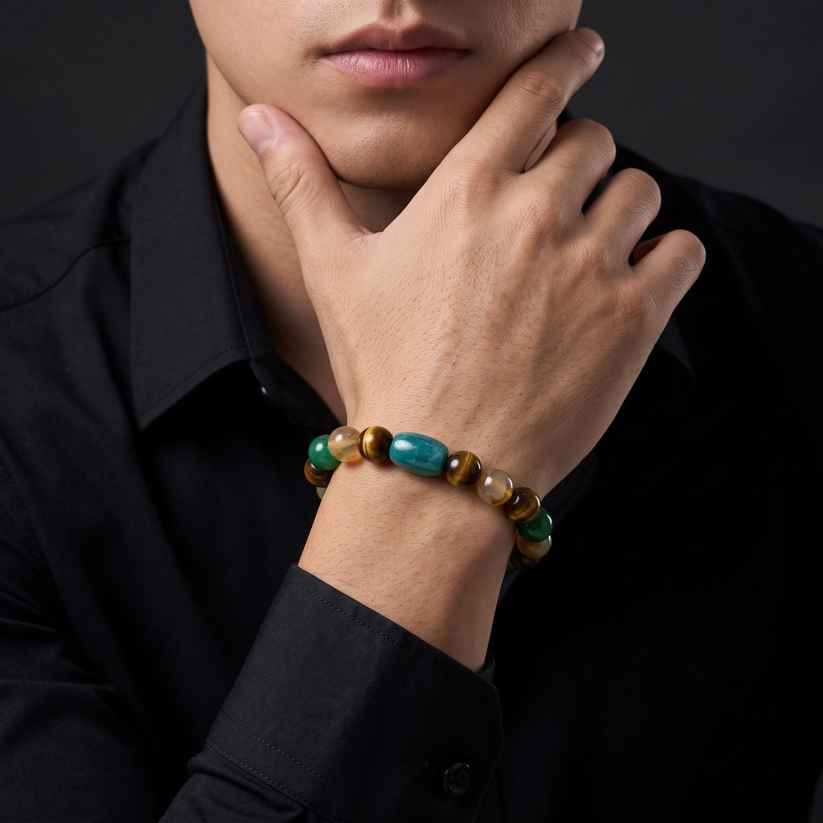 Verdant Monarch – Peacock Agate, Tiger Eye & Green Onyx 925 Sterling Silver Bracelet for Men