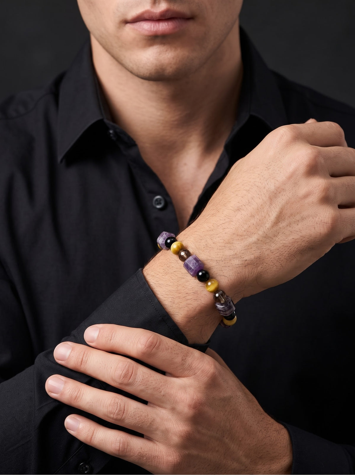 Midnight Sovereign – Amethyst, Yellow Tiger Eye, Black Obsidian & Smoky Quartz 925 Sterling Silver Bracelet for Men