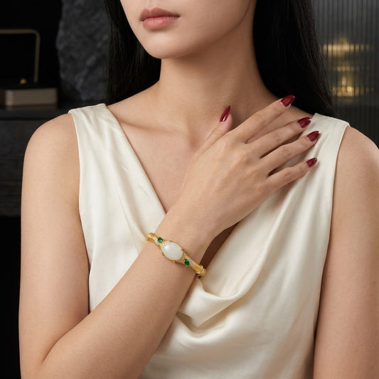 Celestial Jade – Moonstone & Jade Gold-Finish Cuff Bracelet for Women