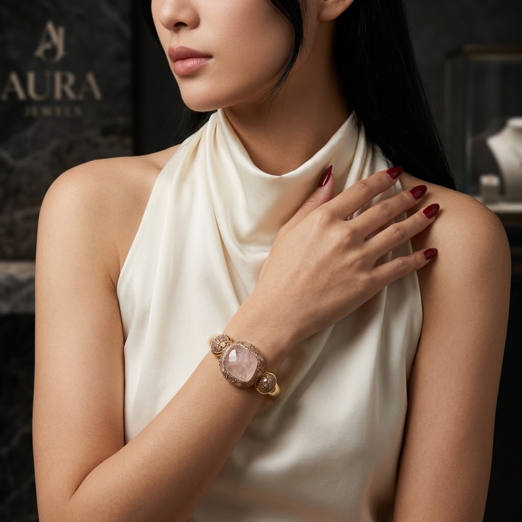 Rose Royale – Rose Quartz Gold-Plated Bangle for Women