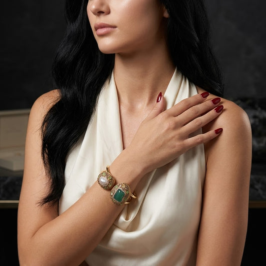 Verdant Pearl – Green Aventurine & Pearl Gold-Plated Bangle for Women