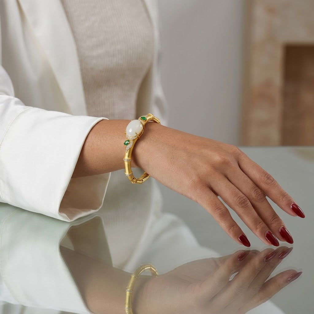 Celestial Jade – Moonstone & Jade Gold-Finish Cuff Bracelet for Women