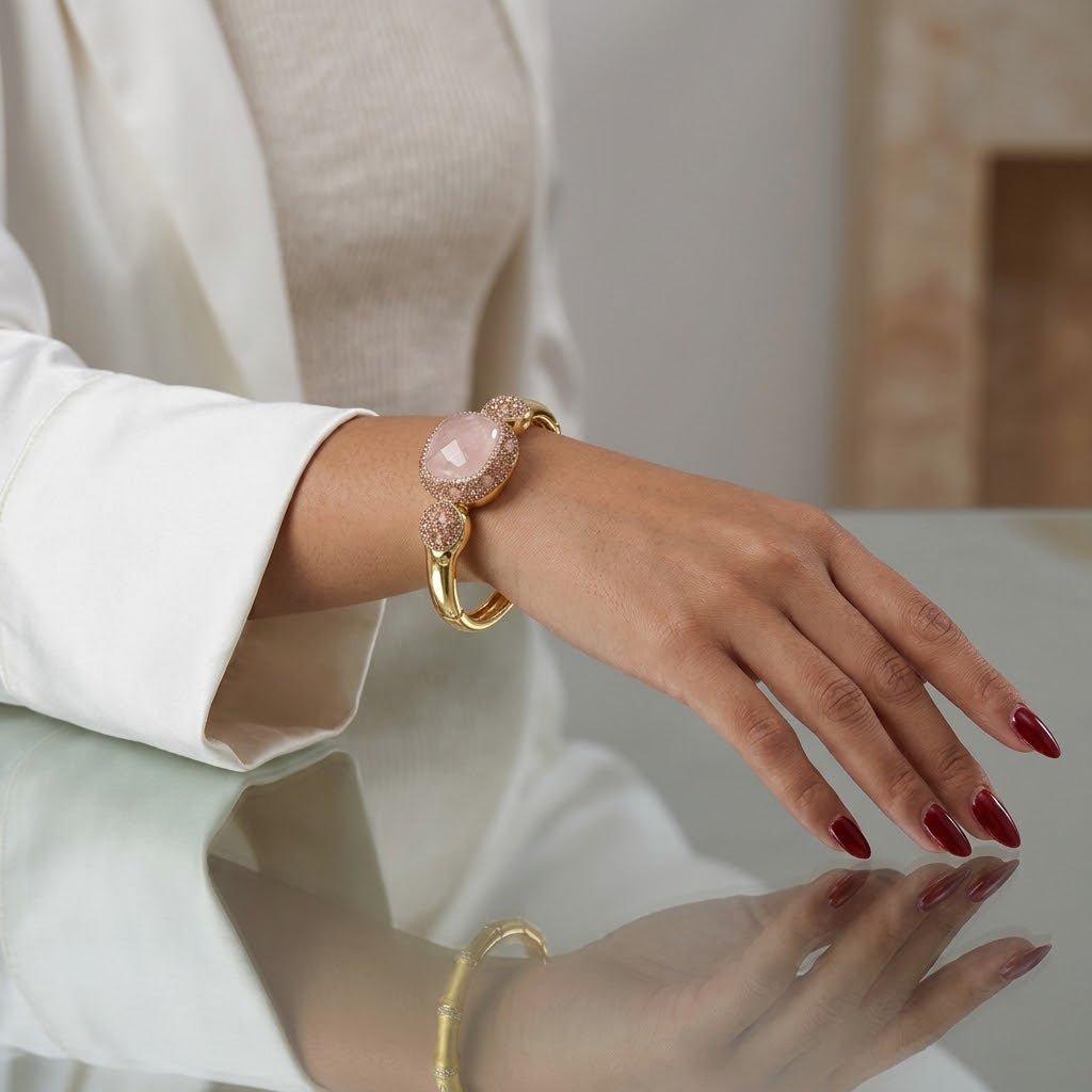 Rose Royale – Rose Quartz Gold-Plated Bangle for Women