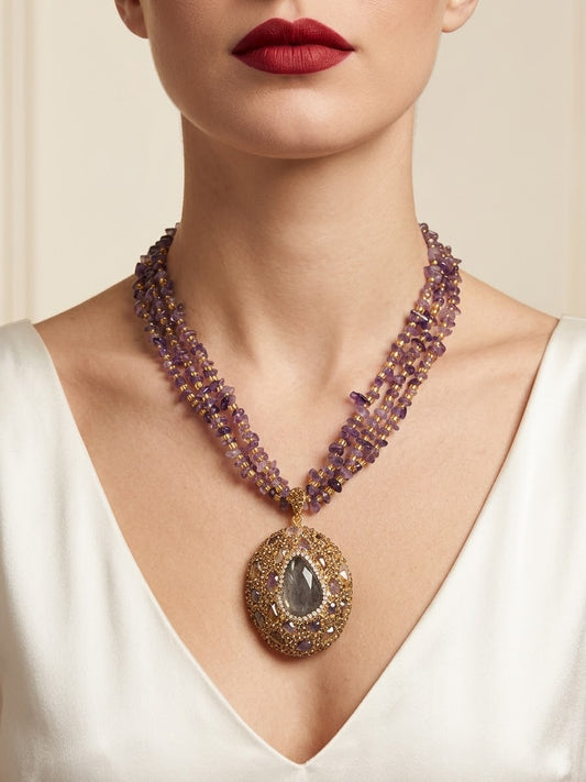 Amethyst Enchantment – Gold-Plated Crystal Statement Necklace for Women