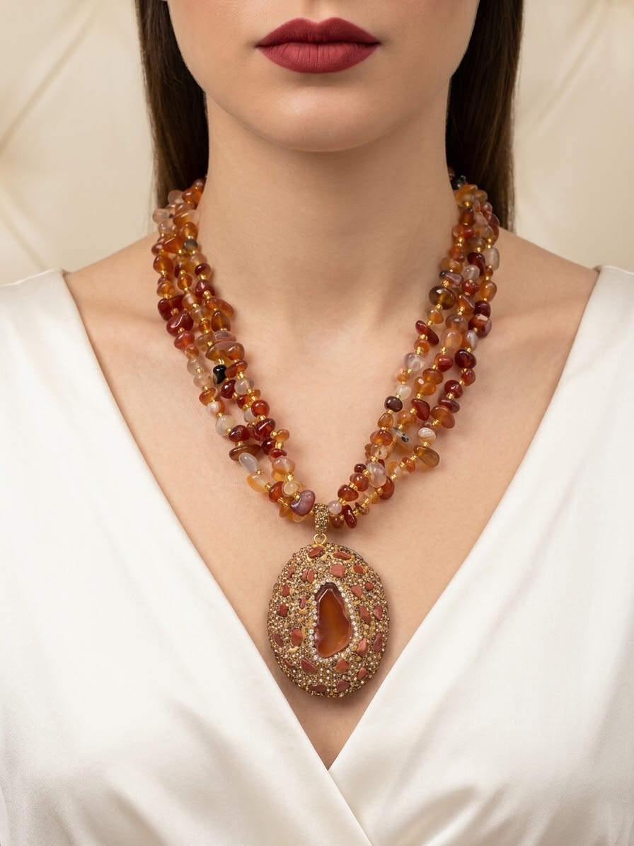 Carnelian Ember – Gold-Plated Crystal Statement Necklace for Women