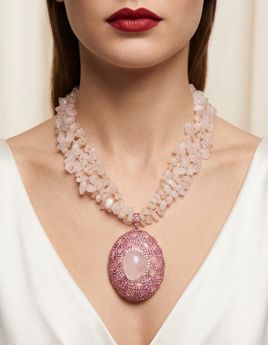 Blush Reverie – Rose Quartz Gold-Plated Multi-Strand Crystal Necklace for Women