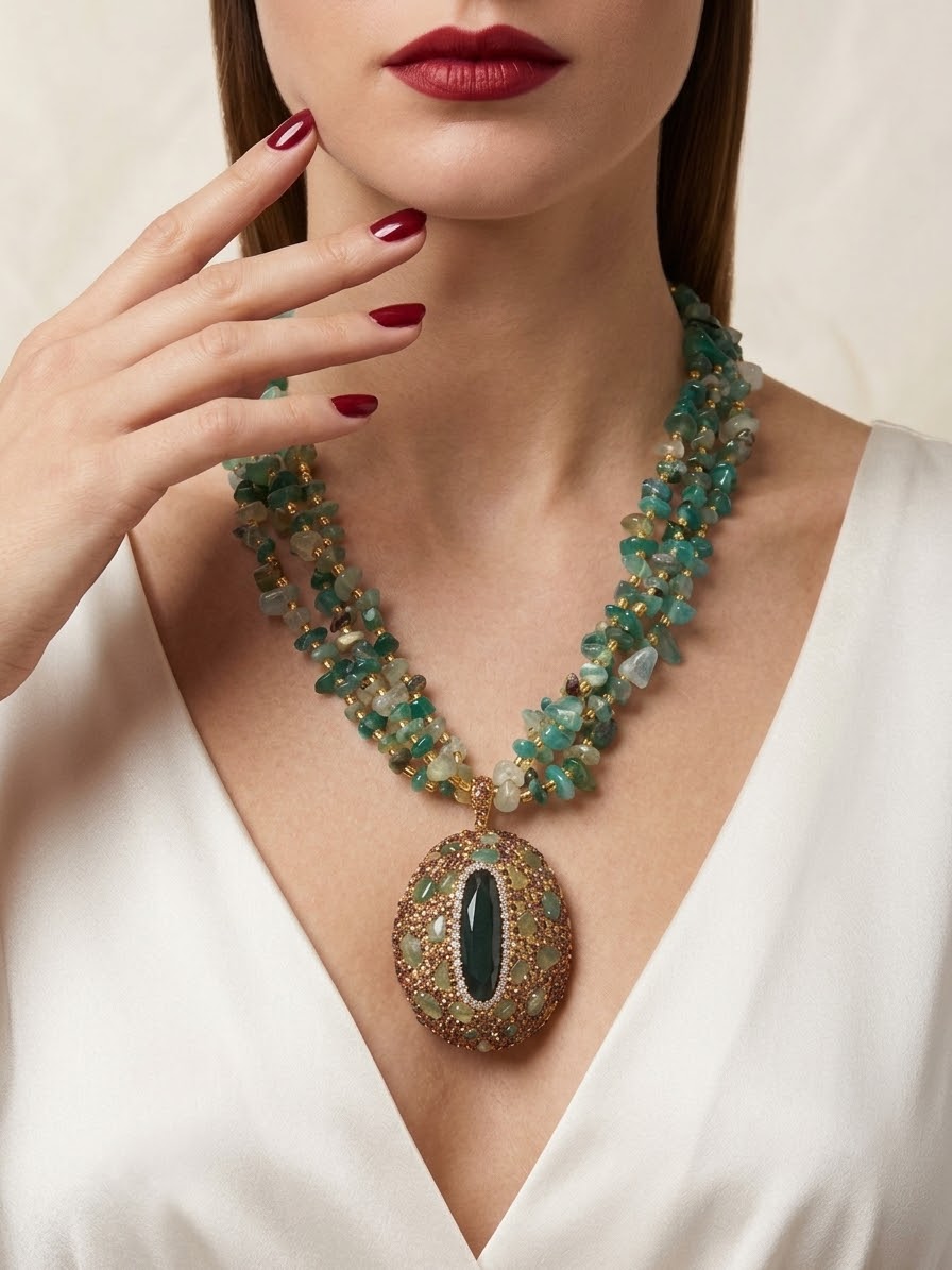 Emerald Fortune – Green Aventurine Gold-Plated Statement Necklace for Women