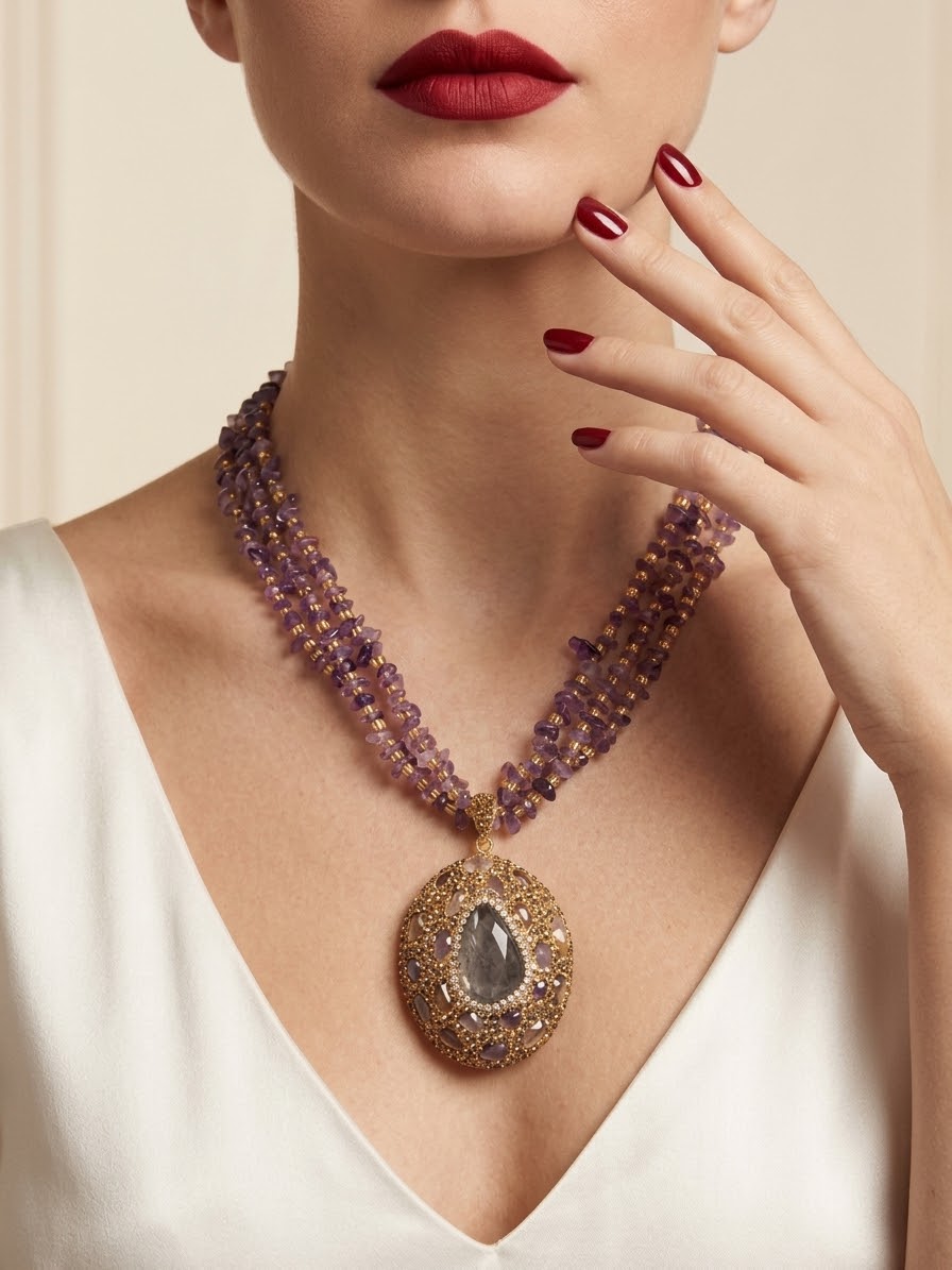 Amethyst Enchantment – Gold-Plated Crystal Statement Necklace for Women