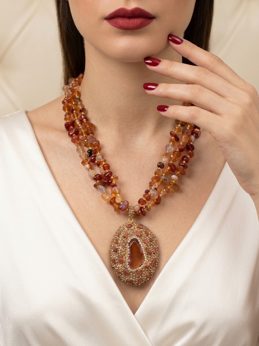 Carnelian Ember – Gold-Plated Crystal Statement Necklace for Women