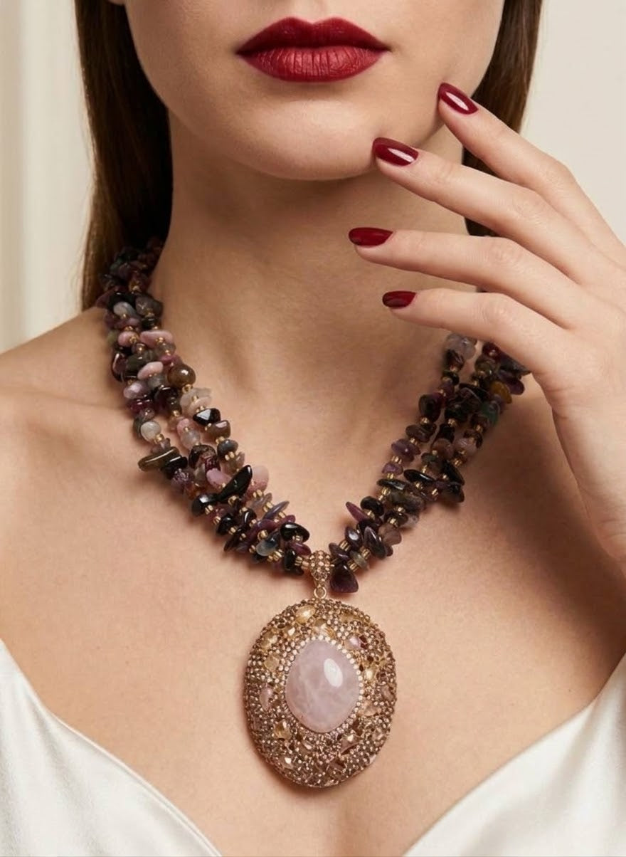 Rosewood Romance – Rose Quartz, Garnet & Rhodonite Gold-Plated Statement Necklace for Women