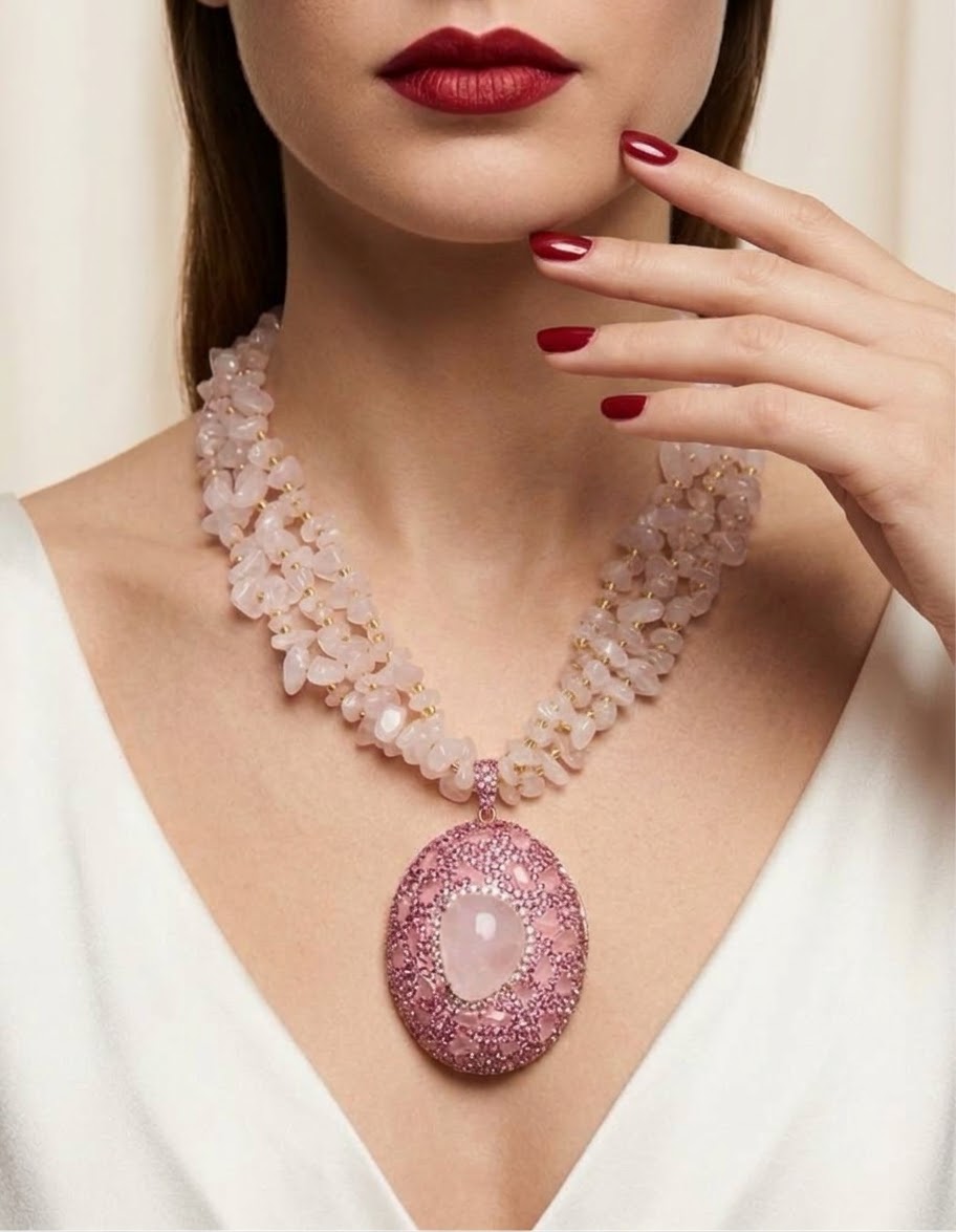 Blush Reverie – Rose Quartz Gold-Plated Multi-Strand Crystal Necklace for Women