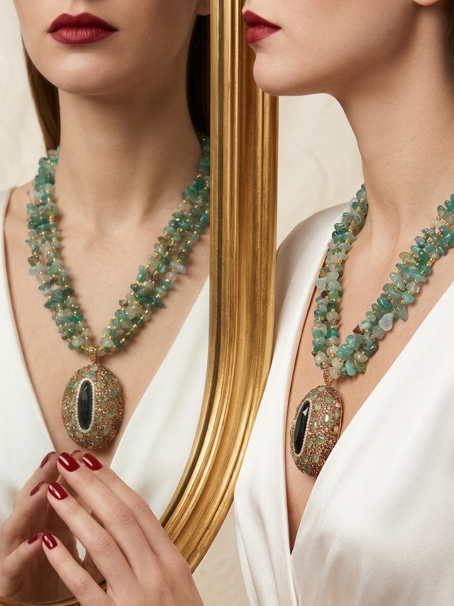 Emerald Fortune – Green Aventurine Gold-Plated Statement Necklace for Women