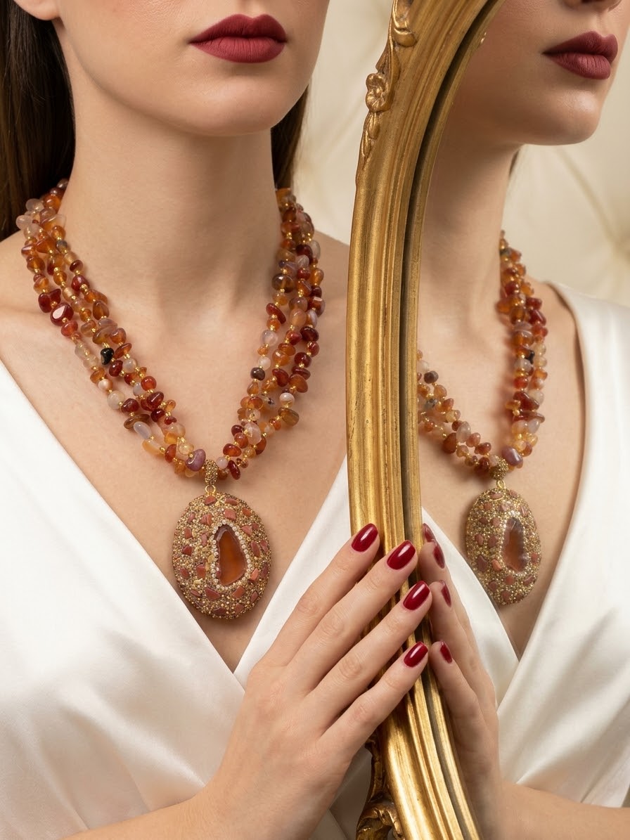 Carnelian Ember – Gold-Plated Crystal Statement Necklace for Women