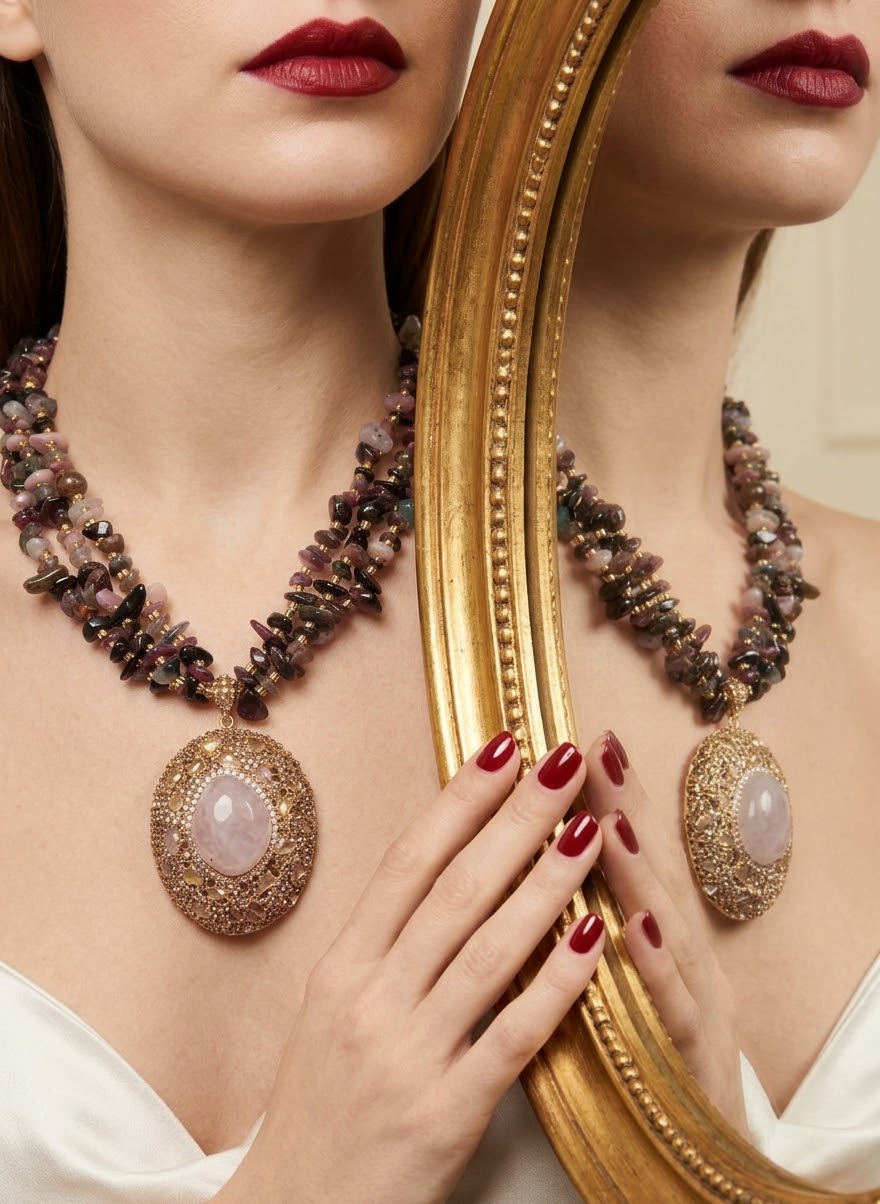 Rosewood Romance – Rose Quartz, Garnet & Rhodonite Gold-Plated Statement Necklace for Women