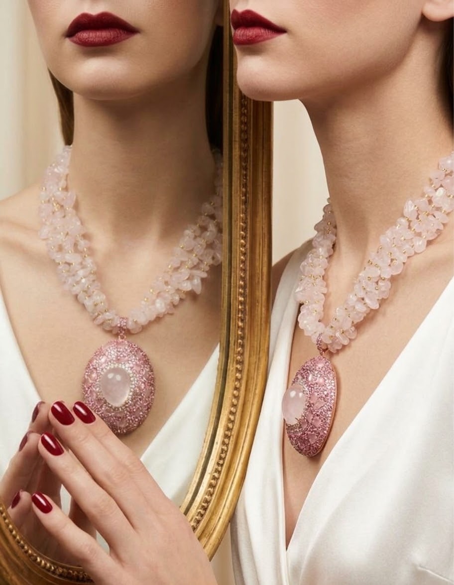 Blush Reverie – Rose Quartz Gold-Plated Multi-Strand Crystal Necklace for Women