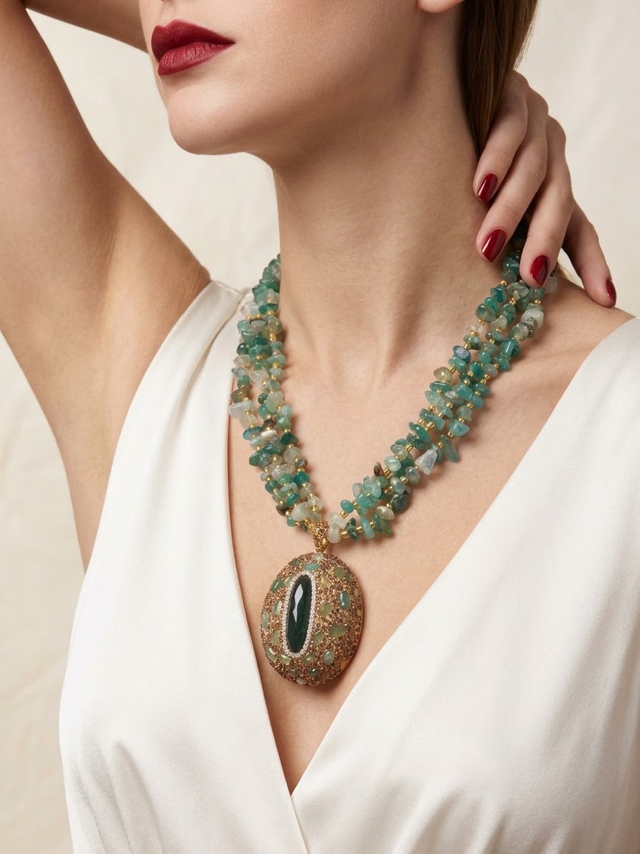 Emerald Fortune – Green Aventurine Gold-Plated Statement Necklace for Women
