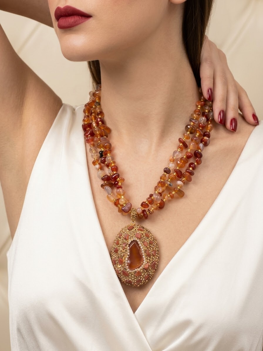 Carnelian Ember – Gold-Plated Crystal Statement Necklace for Women