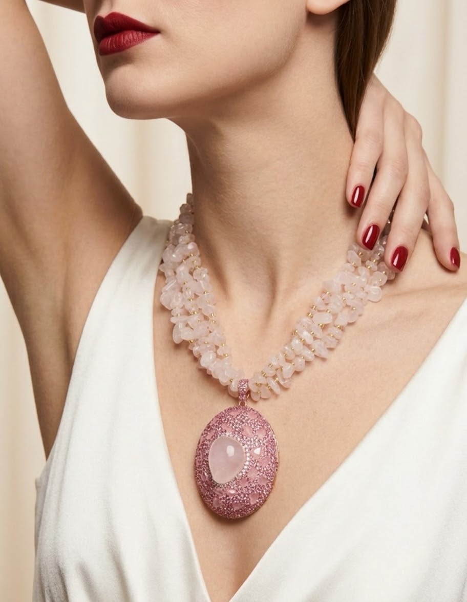 Blush Reverie – Rose Quartz Gold-Plated Multi-Strand Crystal Necklace for Women
