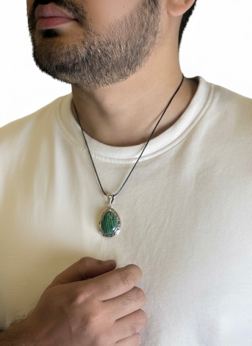 Malachite wealth crystal necklace display